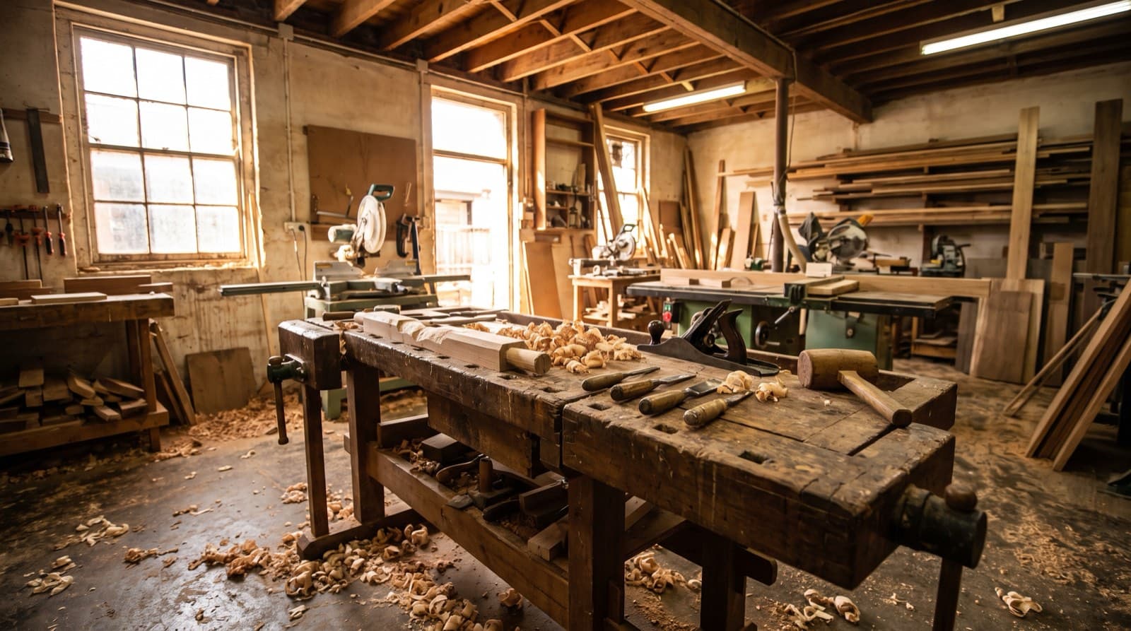 A timber workbench mid-job, surrounded by hand tools and shavings, lit by daylight from a high window